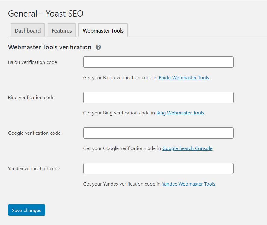 Yoast SEO webmasters configuration tools