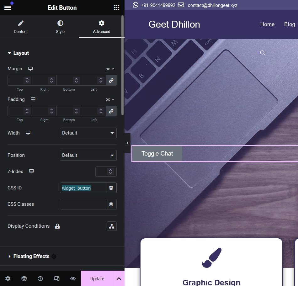 6. In the elementor portal add the button and go to advanced and add the id
